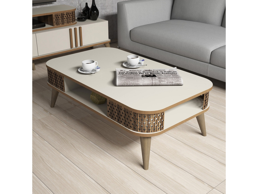 Eylül" wooden coffee table - 105 x 60 x 34 cm - Cream