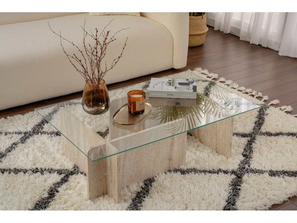 Flavio" wooden coffee table - 105 x 65 x 30 cm - Travertine