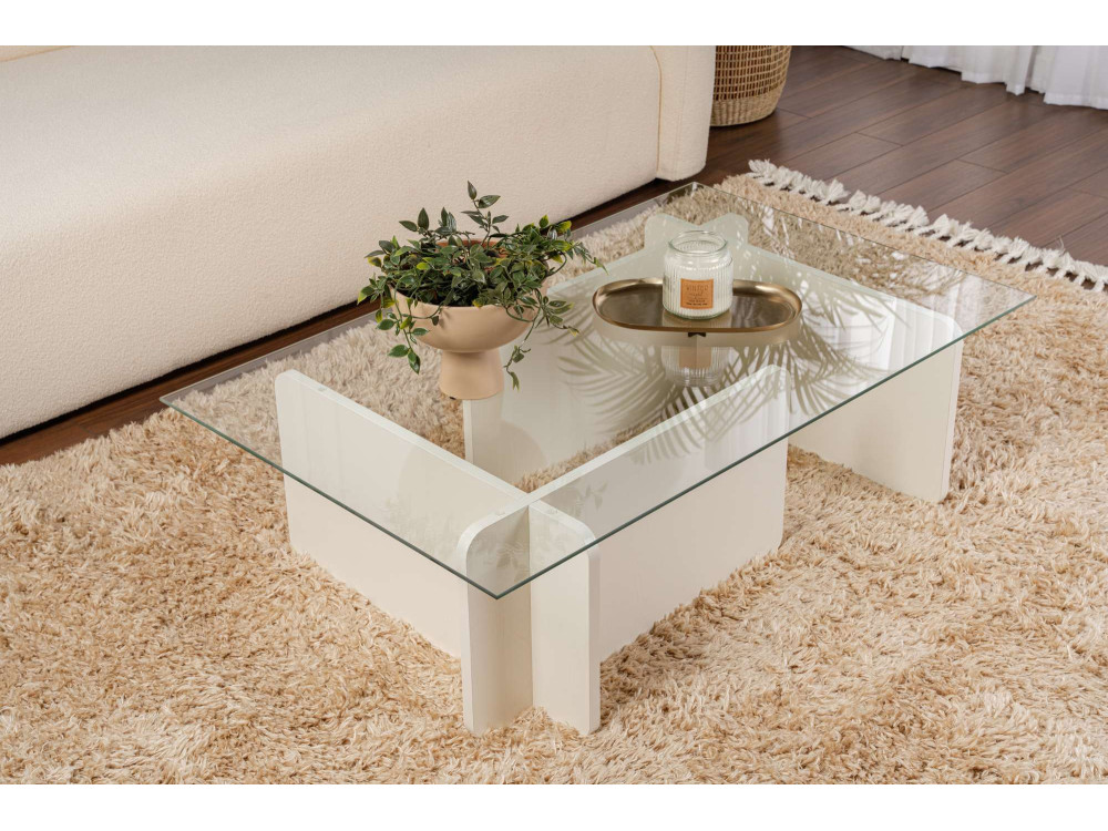 Flavio" glass coffee table 105 x 65 x 30 cm - White wood