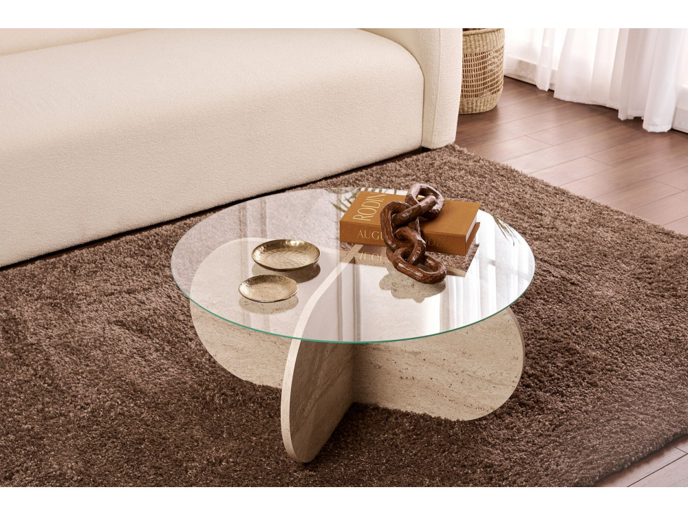 Aeris" wooden coffee table - 75 x 75 x 35 cm - TravertineTransparent