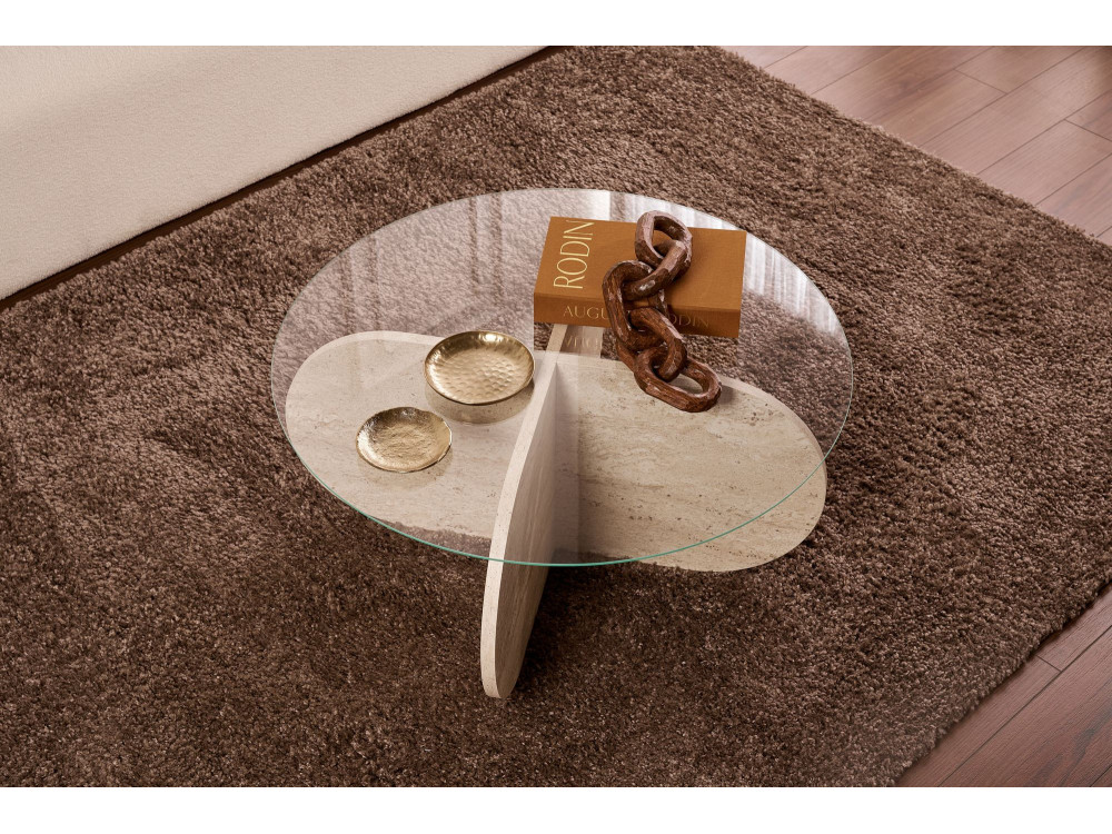 Aeris" wooden coffee table - 75 x 75 x 35 cm - TravertineTransparent