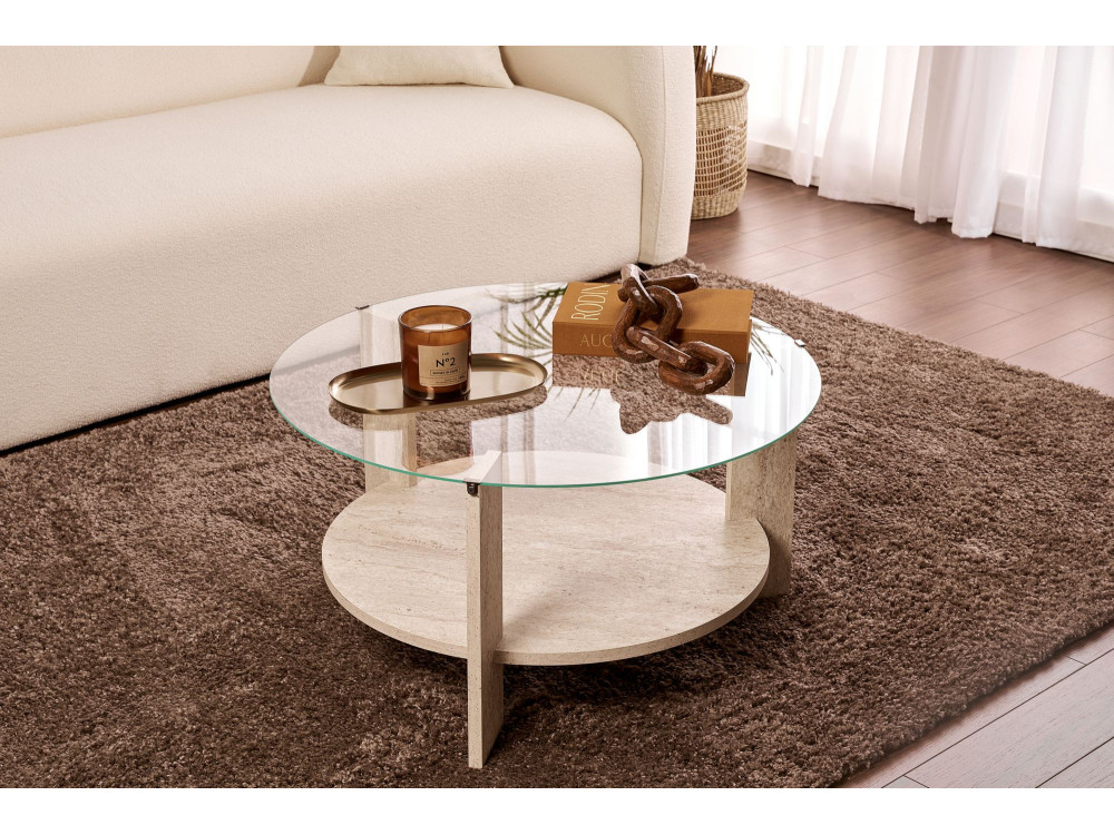 Clara" wooden coffee table - 75 x 75 x 40 cm - TravertineTransparent