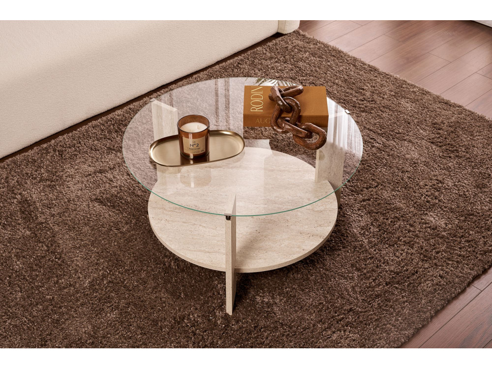 Clara" wooden coffee table - 75 x 75 x 40 cm - TravertineTransparent