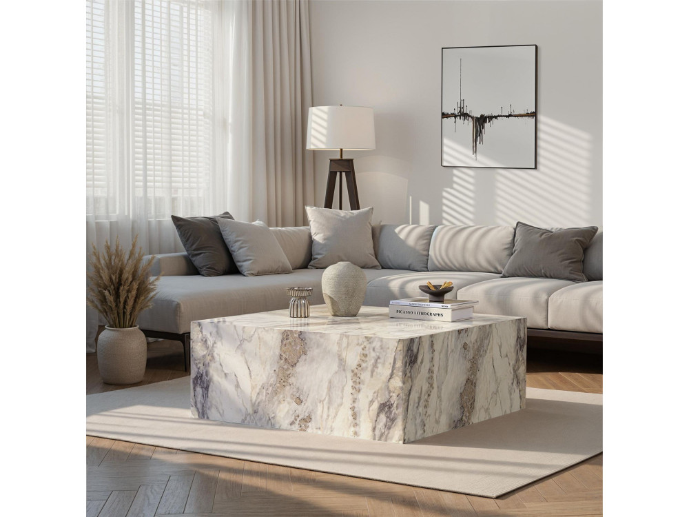 Prizma" wooden coffee table - 90 x 90 x 35 cm - Freesia marble