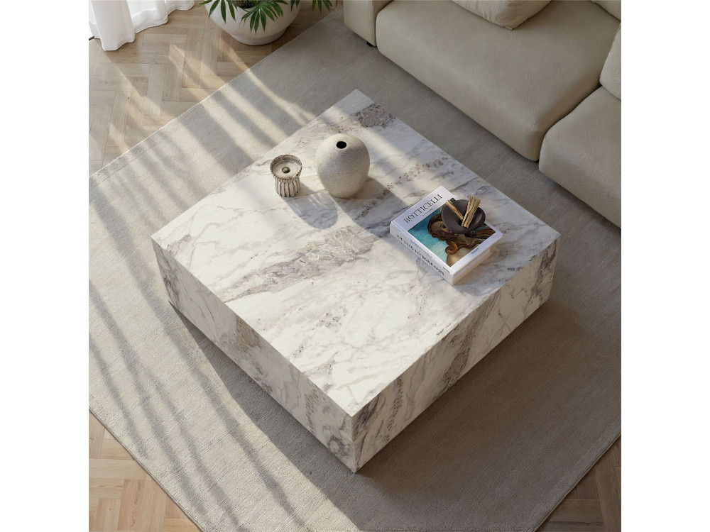 Prizma" wooden coffee table - 90 x 90 x 35 cm - Freesia marble