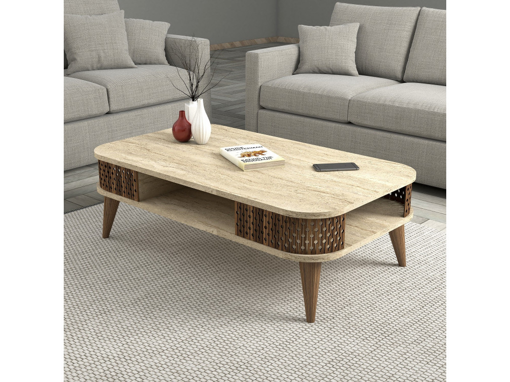 Eylul" wooden coffee table - 105 x 60 x 35 cm - Travertine