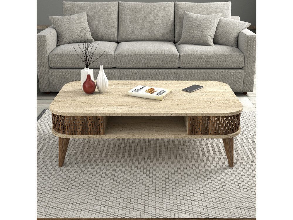 Eylul" wooden coffee table - 105 x 60 x 35 cm - Travertine