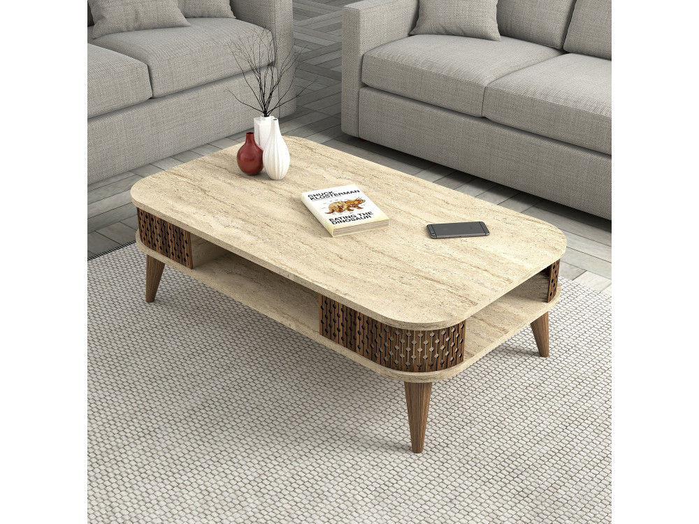 Eylul" wooden coffee table - 105 x 60 x 35 cm - Travertine
