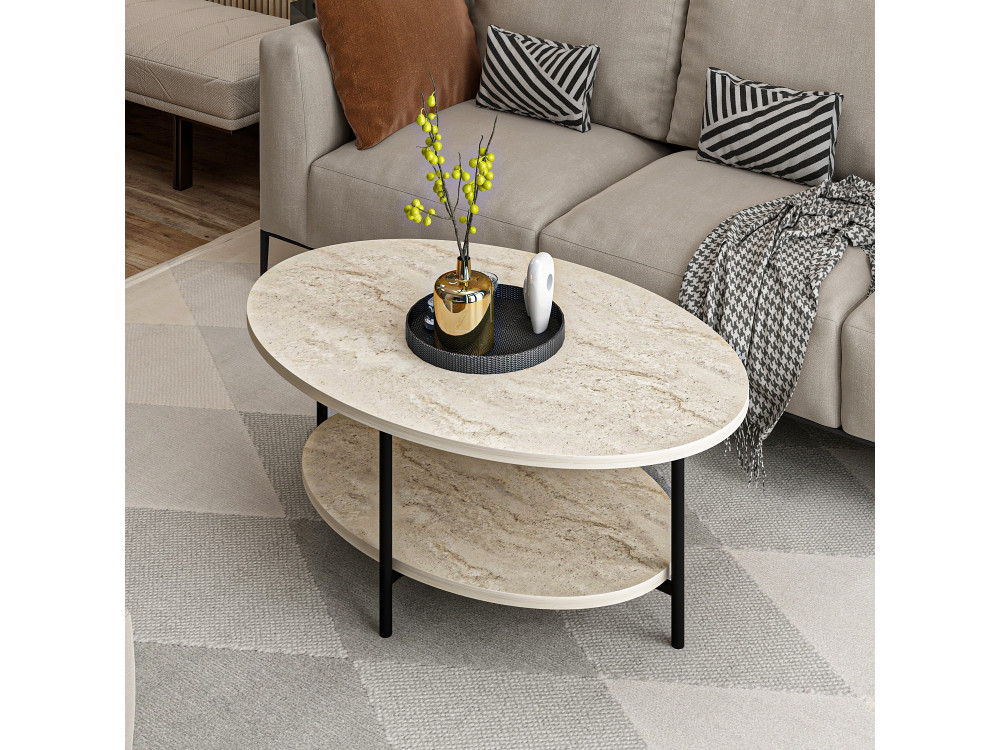 "Elis" Wooden Coffee Table - 90 x 60 x 36 cm - Travertine