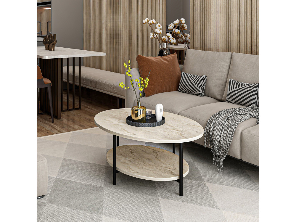 "Elis" Wooden Coffee Table - 90 x 60 x 36 cm - Travertine