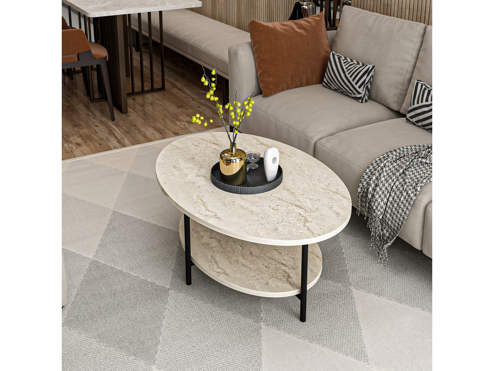 "Elis" Wooden Coffee Table - 90 x 60 x 36 cm - Travertine