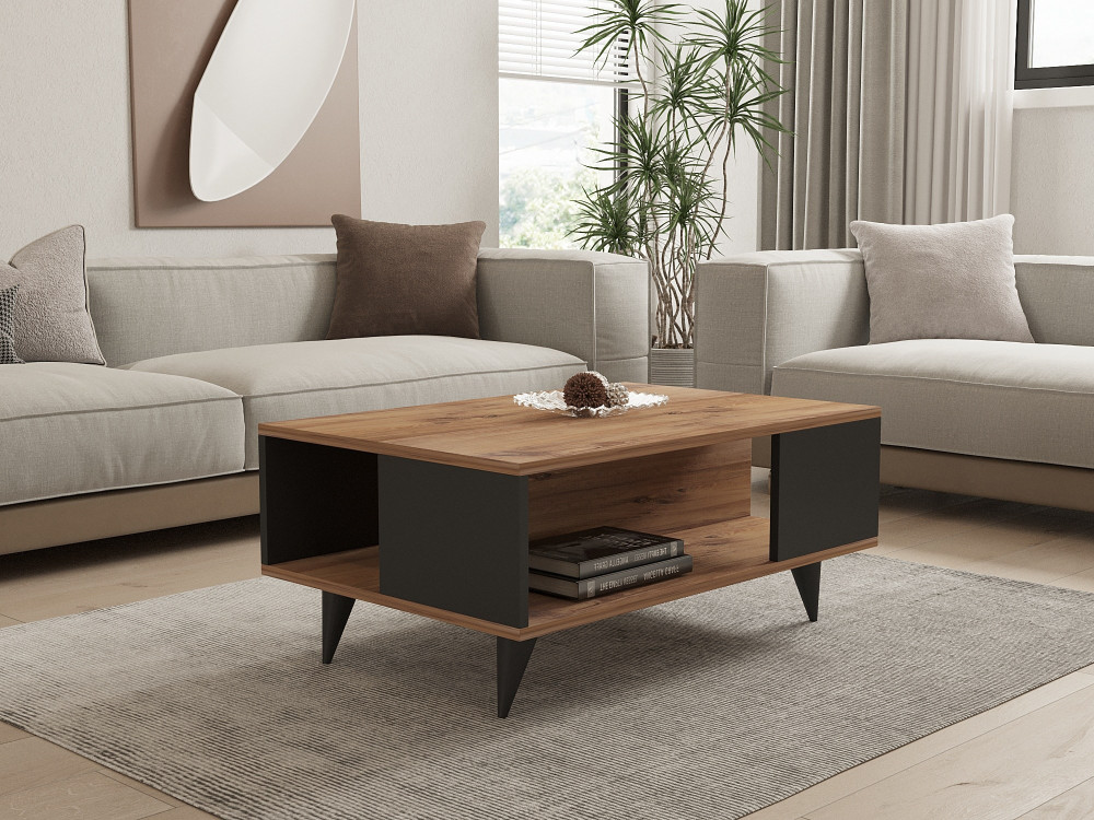 Yuka" wooden coffee table - 90 x 60 x 39 cm - Walnut, Black