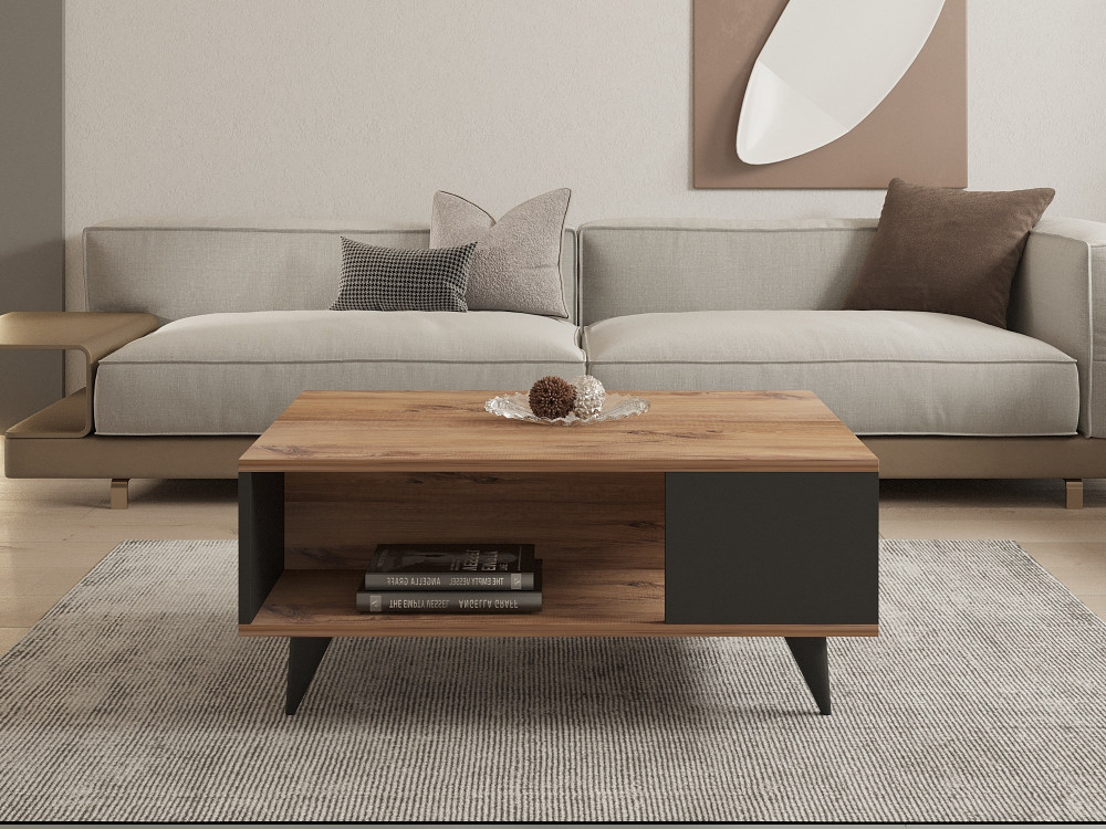Yuka" wooden coffee table - 90 x 60 x 39 cm - Walnut, Black