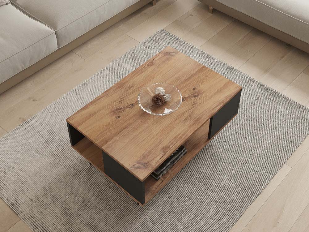 Yuka" wooden coffee table - 90 x 60 x 39 cm - Walnut, Black