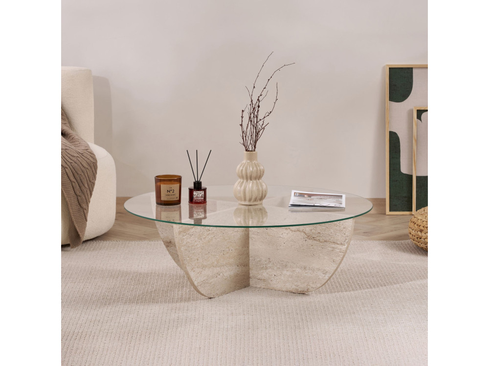 Glass coffee table "Liya" 90 x 90 x 30 cm - Travertine