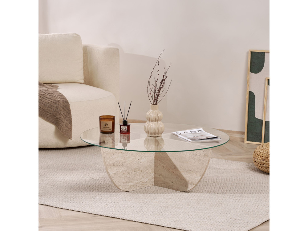 Glass coffee table "Liya" 90 x 90 x 30 cm - Travertine