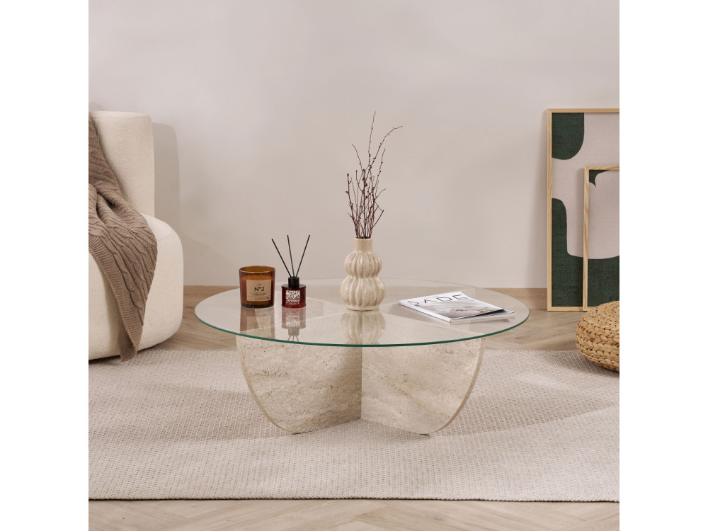 Glass coffee table "Liya" 90 x 90 x 30 cm - Travertine
