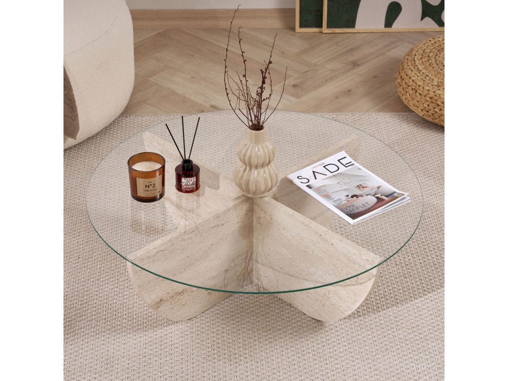 Glass coffee table "Liya" 90 x 90 x 30 cm - Travertine