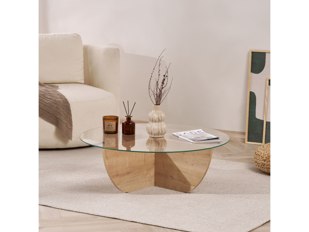 Glass coffee table "Liya" 90 x 90 x 30 cm - Sapphire oak