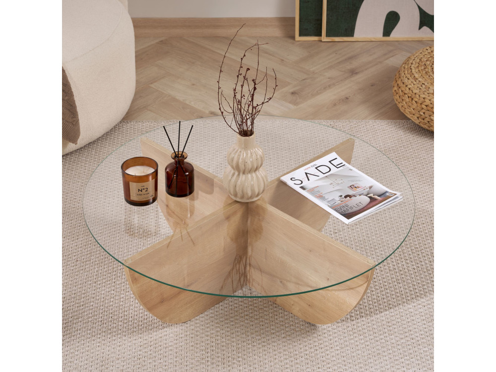 Glass coffee table "Liya" 90 x 90 x 30 cm - Sapphire oak