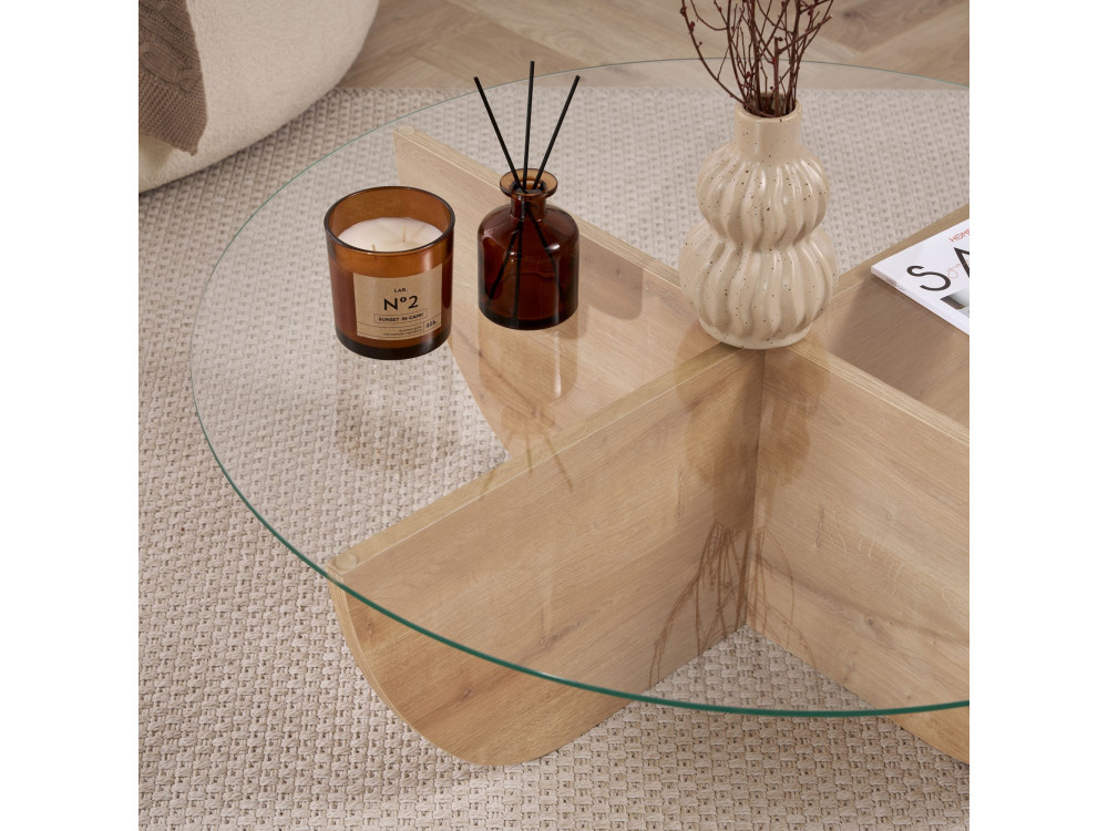 Glass coffee table "Liya" 90 x 90 x 30 cm - Sapphire oak
