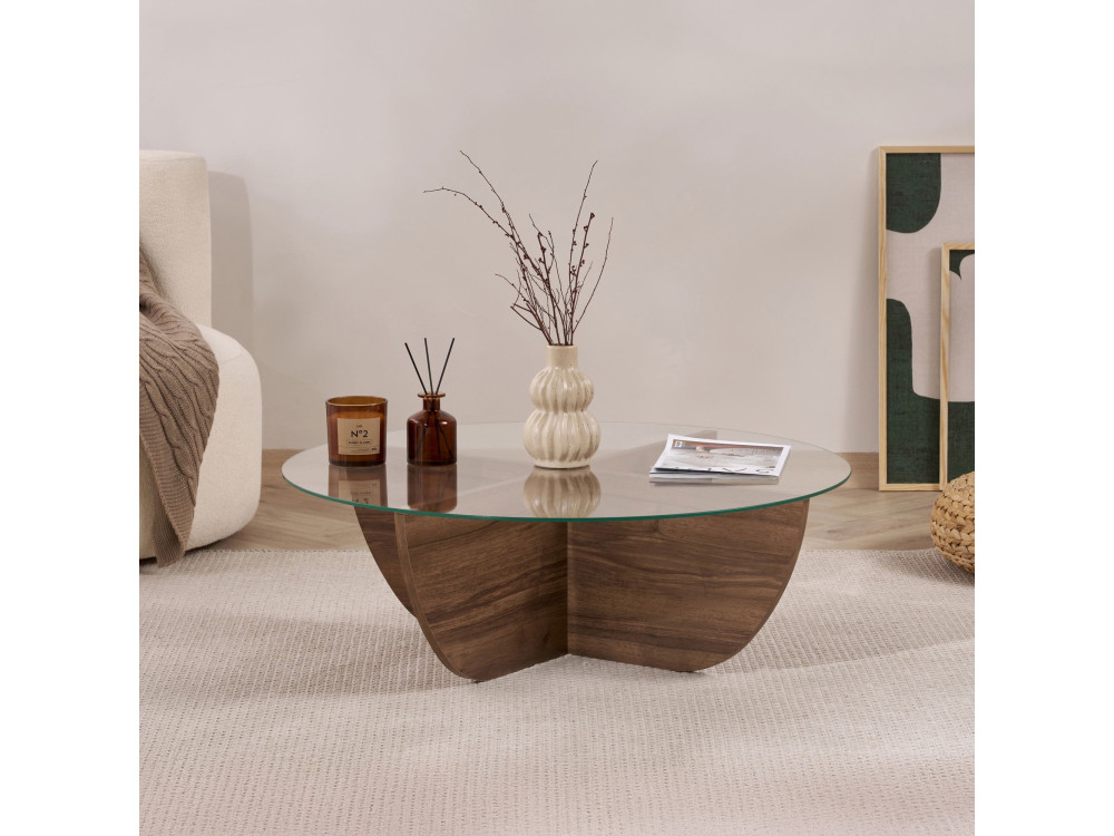 Glass coffee table "Liya" 90 x 90 x 30 cm - Walnut