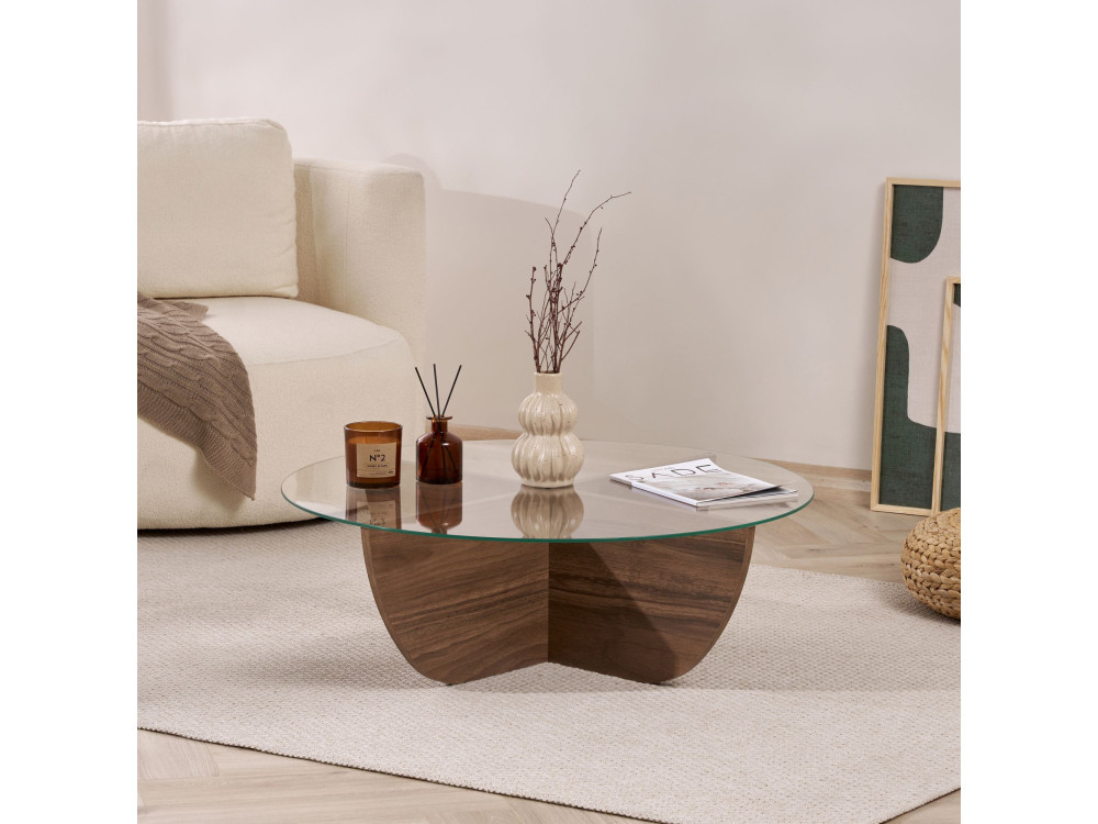 Glass coffee table "Liya" 90 x 90 x 30 cm - Walnut