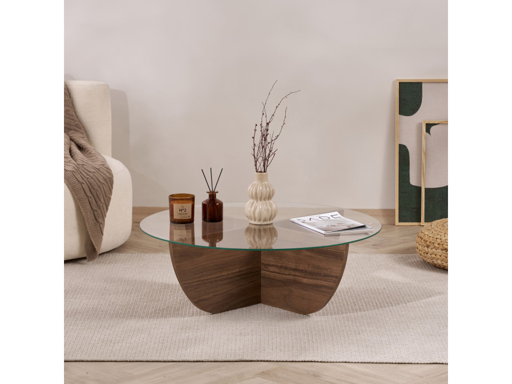 Glass coffee table "Liya" 90 x 90 x 30 cm - Walnut