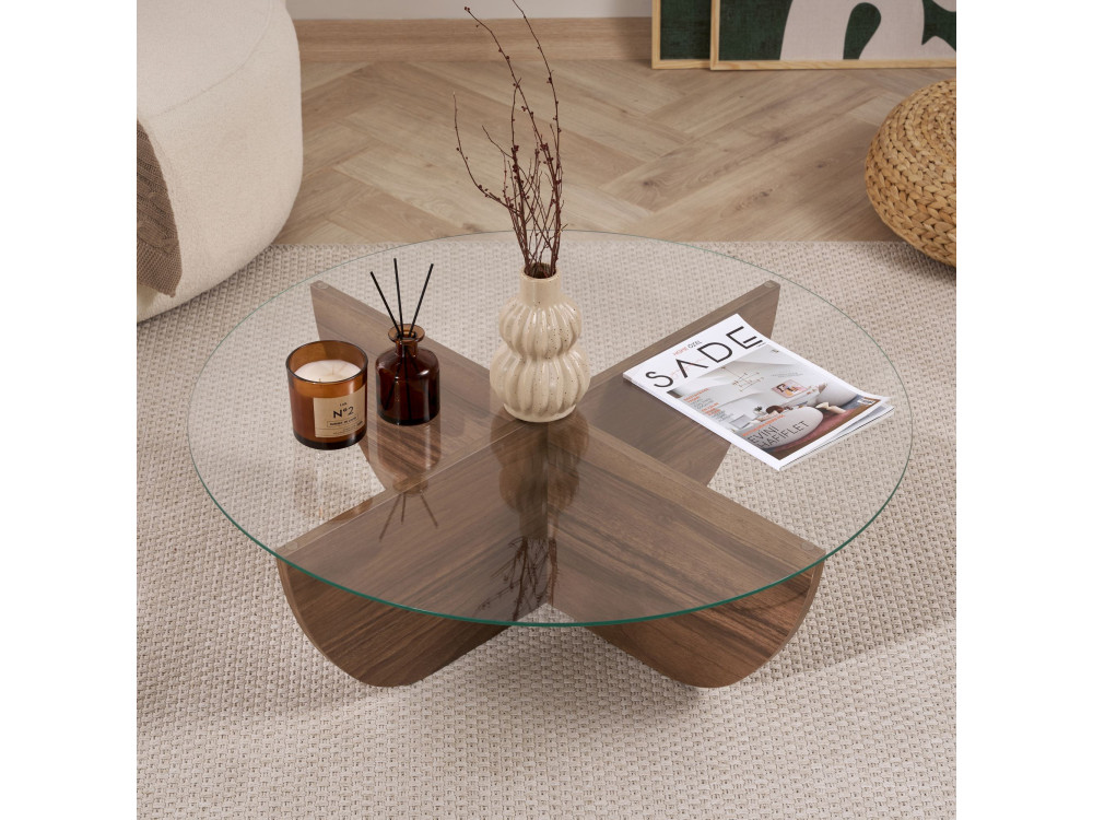 Glass coffee table "Liya" 90 x 90 x 30 cm - Walnut