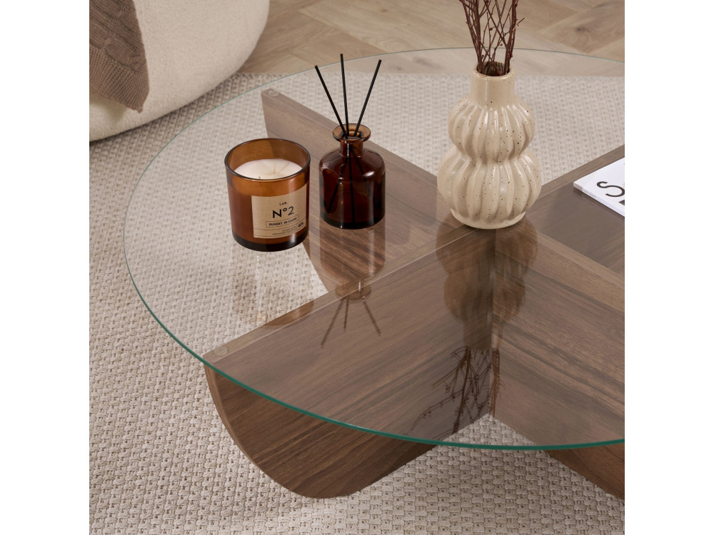 Glass coffee table "Liya" 90 x 90 x 30 cm - Walnut