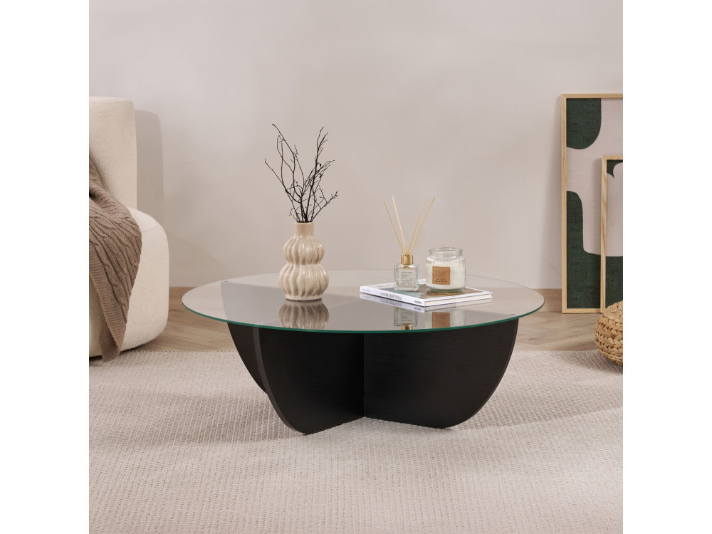Glass coffee table "Liya" 90 x 90 x 30 cm - Black wood