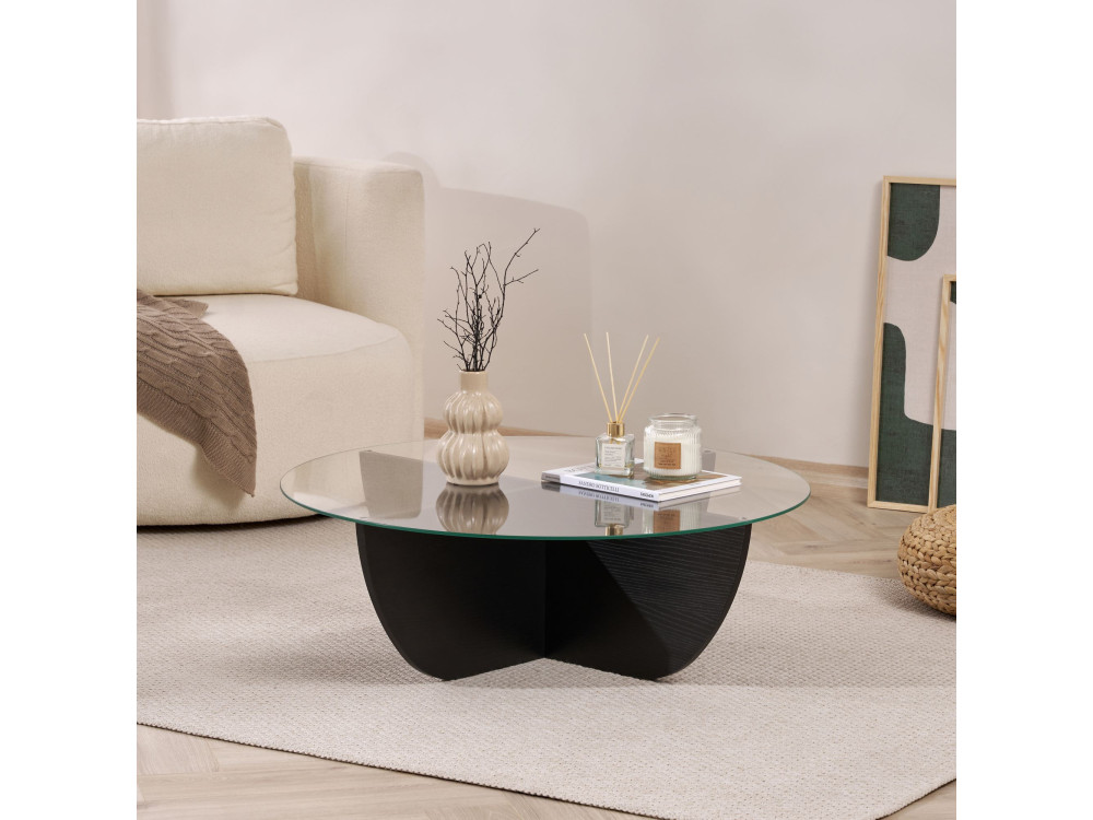 Glass coffee table "Liya" 90 x 90 x 30 cm - Black wood