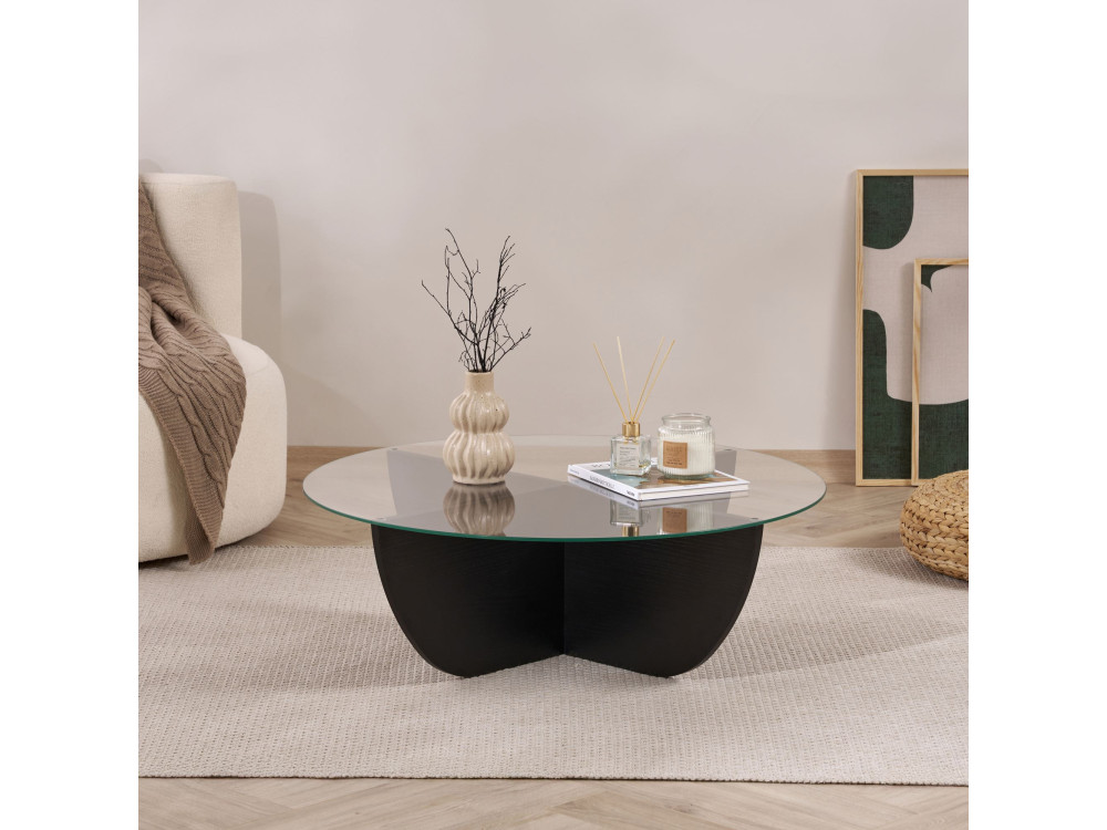 Glass coffee table "Liya" 90 x 90 x 30 cm - Black wood
