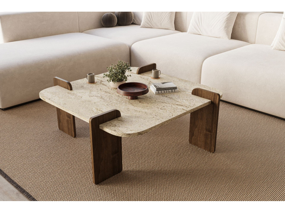 Afrolli" wooden coffee table - 90 x 90 x 35 cm - Travertine