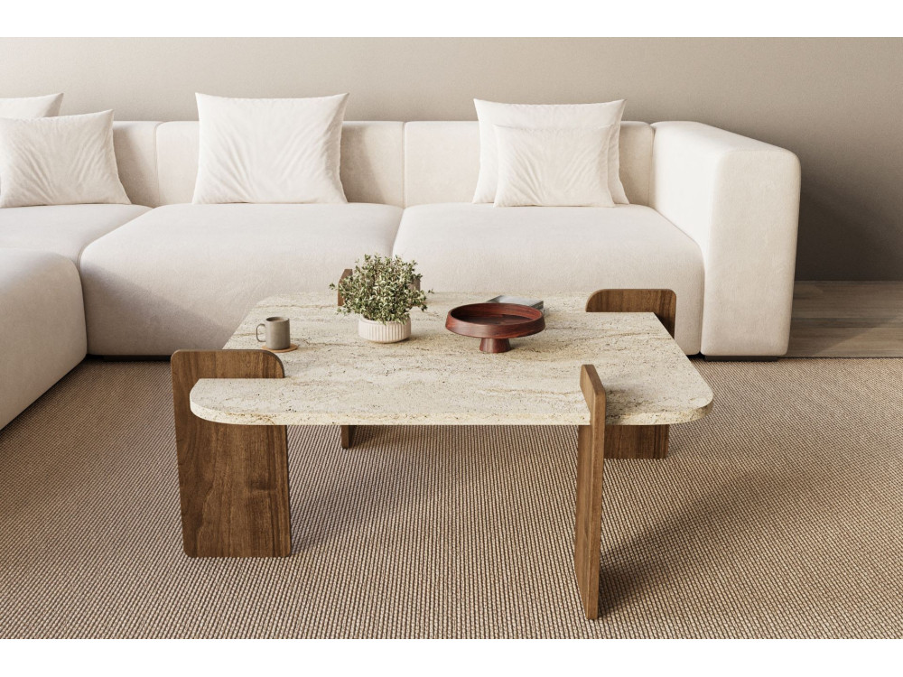 Afrolli" wooden coffee table - 90 x 90 x 35 cm - Travertine