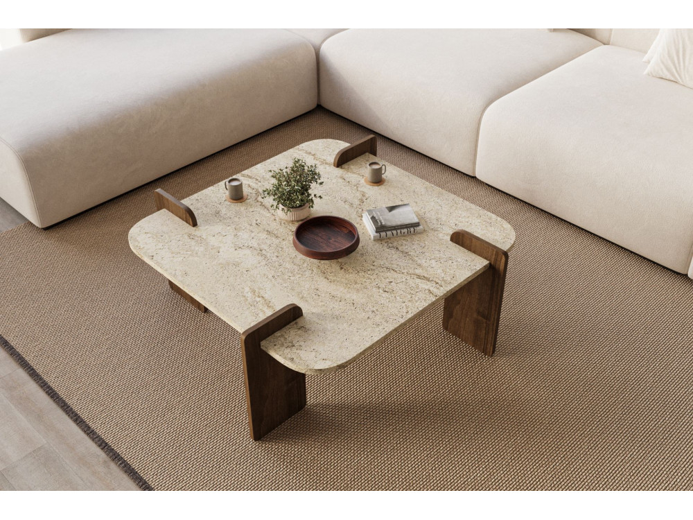 Afrolli" wooden coffee table - 90 x 90 x 35 cm - Travertine