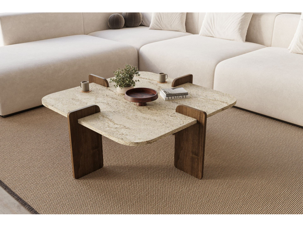 Poalla" wooden coffee table - 90 x 90 x 35 cm - Travertine