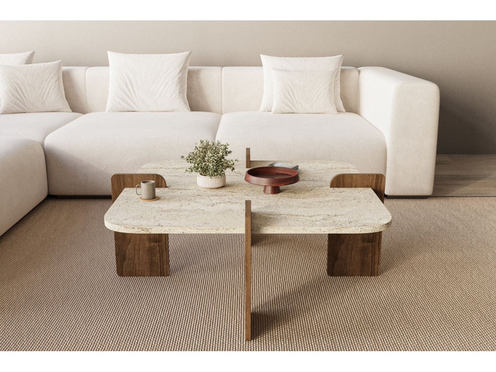 Poalla" wooden coffee table - 90 x 90 x 35 cm - Travertine