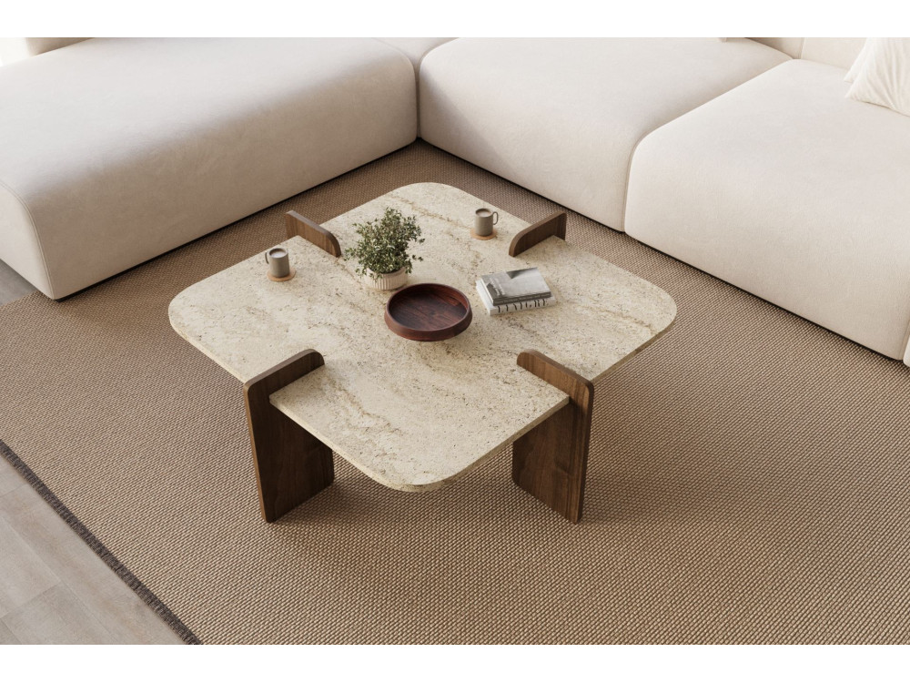 Poalla" wooden coffee table - 90 x 90 x 35 cm - Travertine