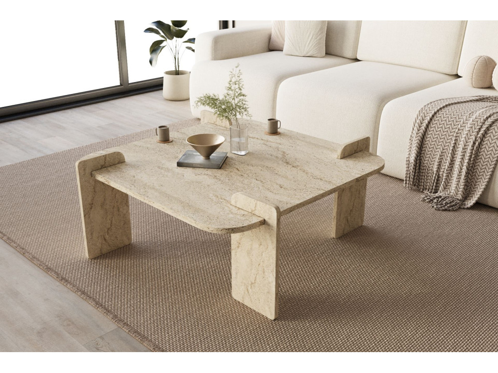 Woog" wooden coffee table 90 x 90 x 35 cm - Travertine