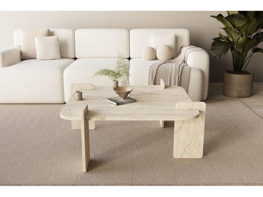 Woog" wooden coffee table 90 x 90 x 35 cm - Travertine