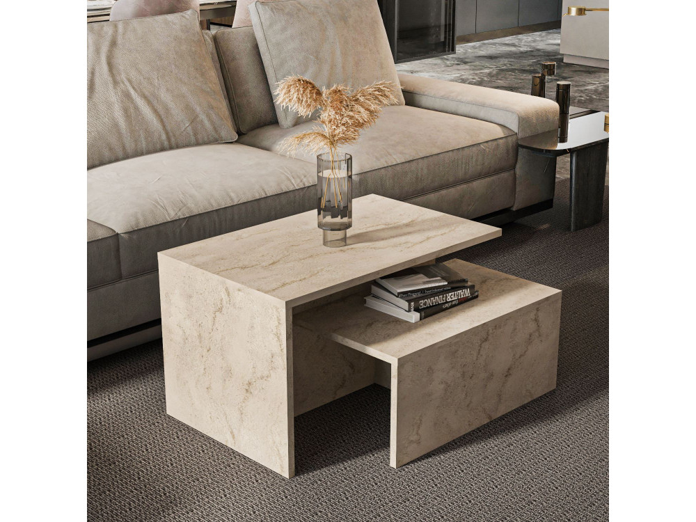 Twins" 2-piece wooden nesting table 72 x 45 x 42 cm - Travertine