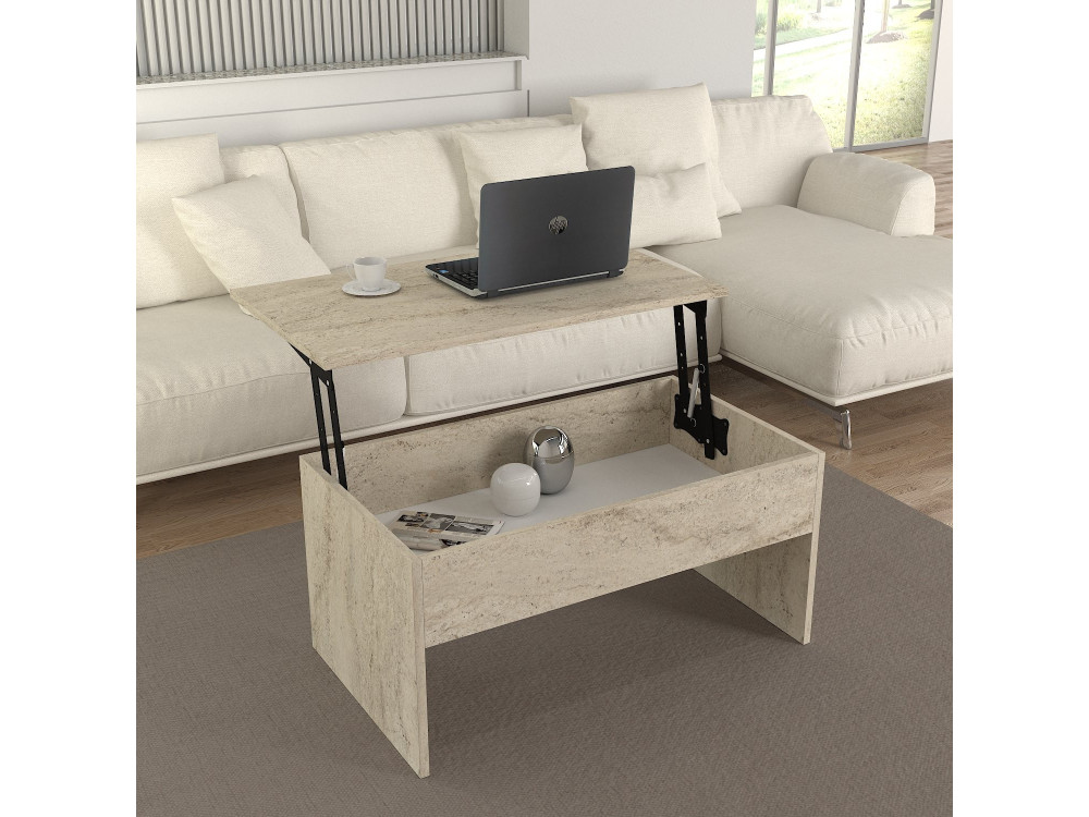 Akilli" coffee table with wooden storage box - 90 x 45 x 52 cm - Travertine