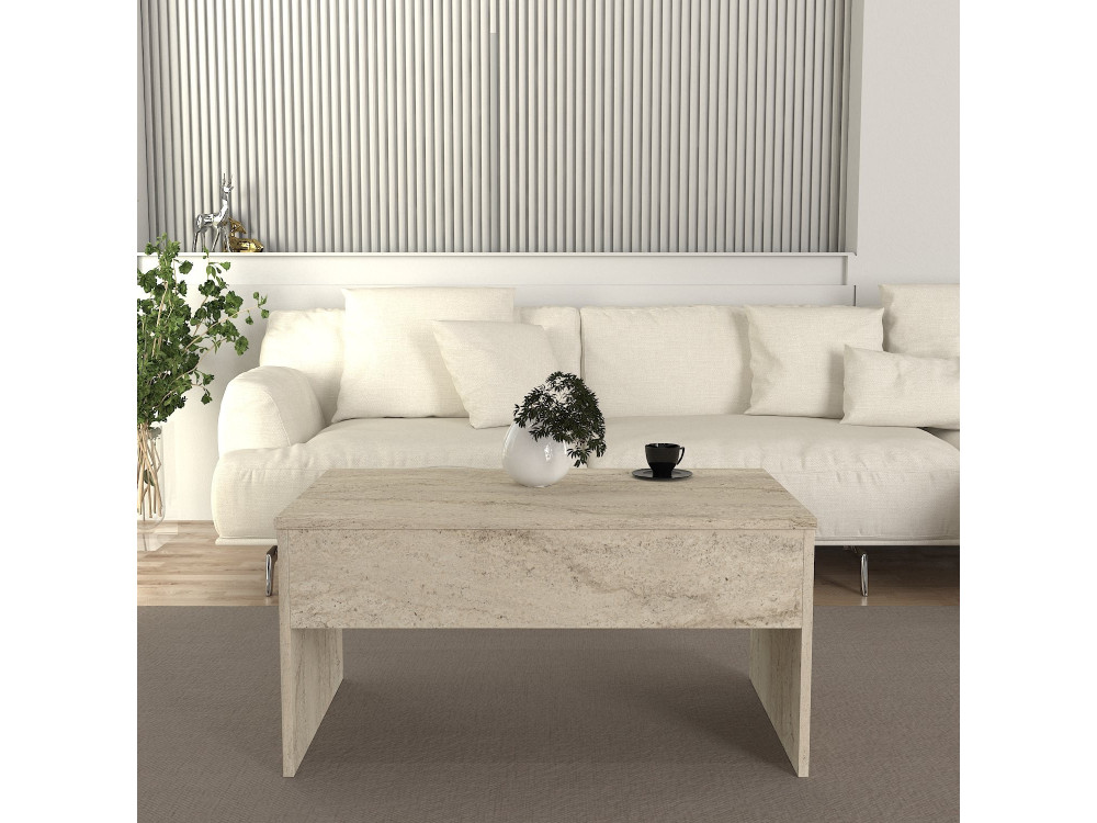 Akilli" coffee table with wooden storage box - 90 x 45 x 52 cm - Travertine