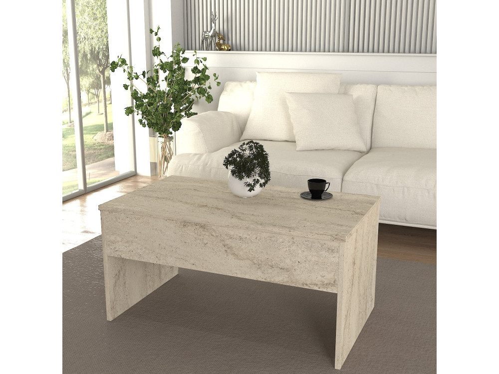 Akilli" coffee table with wooden storage box - 90 x 45 x 52 cm - Travertine