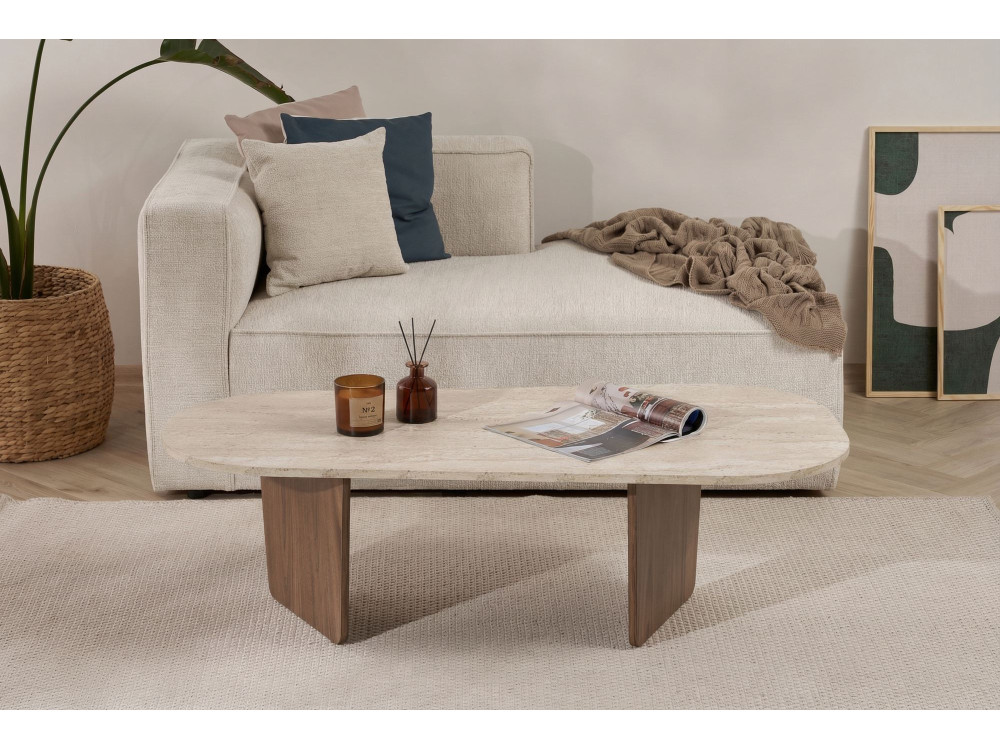 Ovalis" wooden coffee table - 130 x 65 x 40 cm - Travertine / Walnut