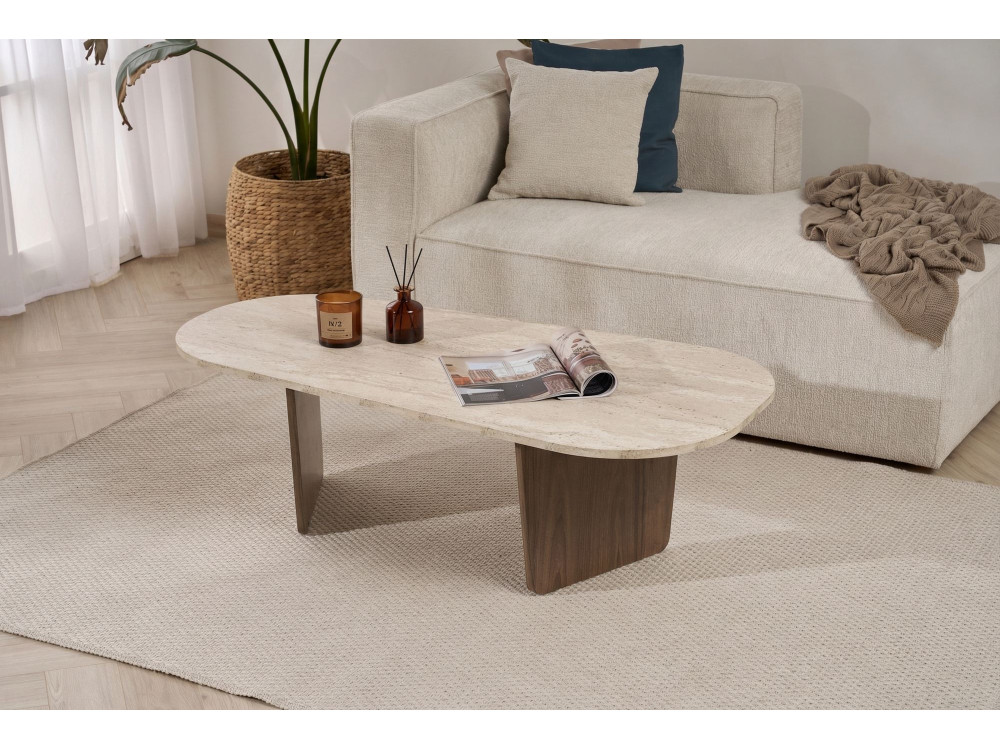 Ovalis" wooden coffee table - 130 x 65 x 40 cm - Travertine / Walnut