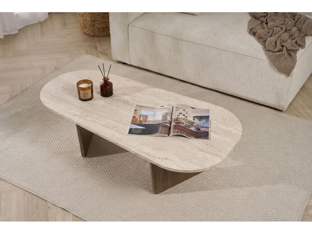 Ovalis" wooden coffee table - 130 x 65 x 40 cm - Travertine / Walnut