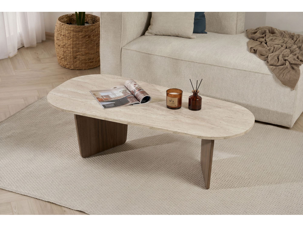 Ovalis" wooden coffee table - 130 x 65 x 40 cm - Travertine / Walnut