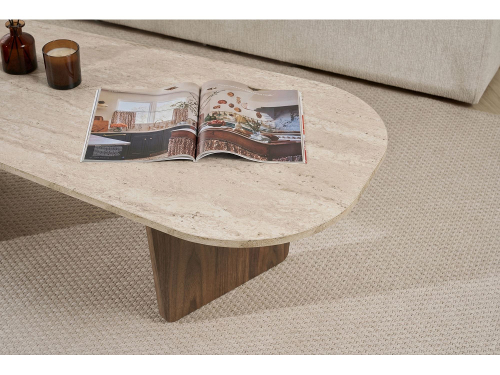 Ovalis" wooden coffee table - 130 x 65 x 40 cm - Travertine / Walnut